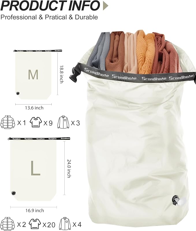 Compression Travel Laundry Bag for Dirty Clothes, Pump-Free Laundry Bag for Suitcase & Dorm, Waterproof Wet Dry Clothes Organizer, Large Capacity Space Saving Travel Bag (1 Pcs)(White, M)