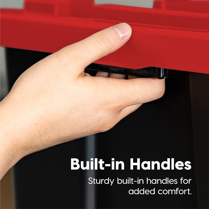 IRIS USA 4-Pack 27 Gallon Storage Bins with Lids |Made in USA| Heavy Duty Plastic Tote Containers for Truckbed Tool Box Organization, Large - Red