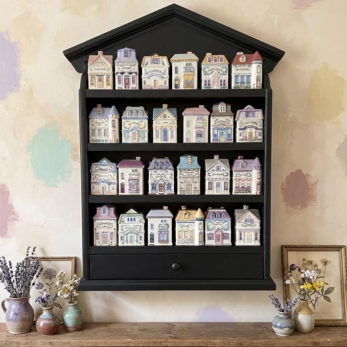 Chunful Vintage Spice Jar Wooden Rack with 4 Tier Hanging Spice Rack Wall Mounting Kitchen Storage Village Style Display Shelf for 24 Jar, Christmas Wedding Bridal Gift, Shelf Only(Classic Black)