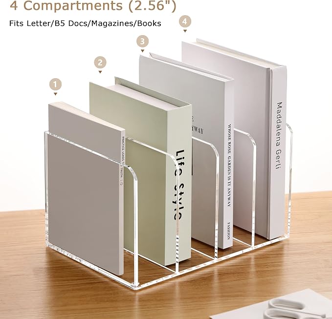 YUXUN Clear Acrylic Magazine File Holder, 4 Compartment Vertical Desk Organizer, 5mm Thick Document Sorter with Non-Slip Base, No Assembly for Office Home Classroom, Holds Binders, Books, Tablets