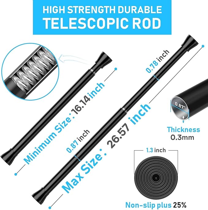 MEXAU 1 Pack Black Shower Curtain Rod 18 To 26 Inch Tension Shower Rod For Bathroom 7/8" Adjustable Spring Curtain Rod No Drilling Spring Rod Black Tension Curtain Rods for Windows Doorway Closet