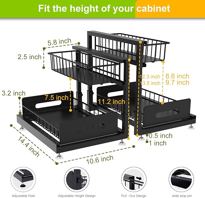Mlinavn 2 Pack Under Sink Organizer,Pull Out Cabinet Organizer 2 Tier Slide Out Sink Shelf Cabinet Organizer and Storage,Adjustable Under Counter Organizers for Under Kitchen Bathroom Organization