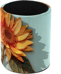 Faux Leather Pen Holder for Desk, Pencil Organizer Sunflower and Wooden Plank Pen Cup Desk Decor Makeup Brush Holder Storage for Office Home