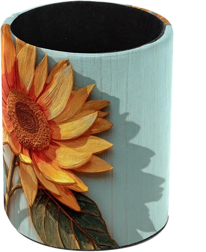 Faux Leather Pen Holder for Desk, Pencil Organizer Sunflower and Wooden Plank Pen Cup Desk Decor Makeup Brush Holder Storage for Office Home