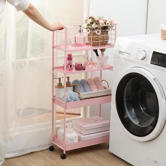 KINGRACK Slim Rolling Storage Cart 4 Tier - Heavy Duty Metal Utility Cart with Raised Edge & Wheels, Narrow Mobile Organizer Shelves for Bathroom, Kitchen, Laundry, Office, Living Room, Pink