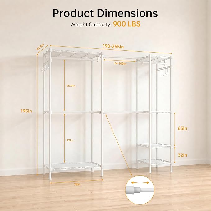 Kryonix 900lbs Expandable Garment Rack - White | Adjustable 70"-88.2" wide with 5 rods & 6 shelves. 900lbs cap. Freestanding metal closet organizer for bedroom laundry.