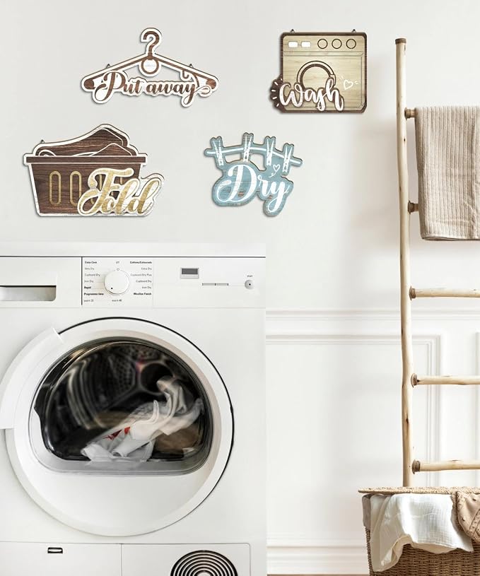 Putuo Decor Laundry Room Wall Decor Set, Farmhouse Style Wash Dry Fold Put Away Signs, Laundry Room Hanging Decor, Decorative Wall Art for Laundromats Home Utility Space