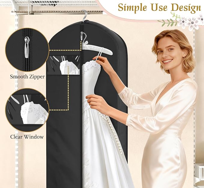 KEETDY Wedding Dress Garment Bag for Travel with 4" Gusseted Long Hanging Dress Bags for Gowns for Women Garment Cover Clothes Storage for Closet (Black, 72 inch)