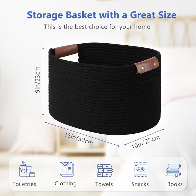 ECDYQXVU 15x10x9 Black Woven Cotton Rope Storage Basket Handles 3 Pack | Foldable Design, Leather Handles, Easy to Clean Organizer for Living Room, Closet, Shelves, Bedroom, Laundry, Clothes