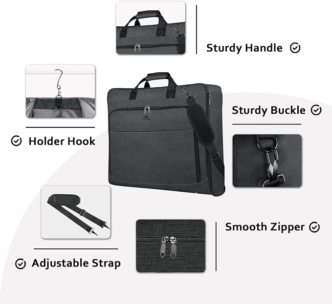 MATEIN Garment Bags for Hanging Clothes, Large Travel Suit Bag with Strap | Foldable Luggage Bag, Wrinkle-Free, Clothing Suitcase, For Traveling Business Trips, For Men Women, Dark Grey
