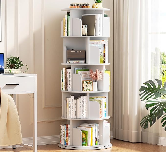 Aheaplus 5 Tier Rotating Bookshelf, Wood Spinning Bookshelf Tower, Round Revolving 360 Bookcase, Narrow Turning Book Shelf Rolling Corner Organizer for Small Space, Bedroom, Office, White