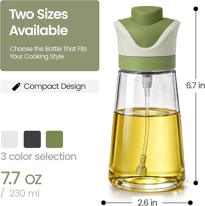 Olive Oil Dispenser for Kitchen | 2-in-1 Pour and Spray | 7.7 oz / 230 ml | Glass Olive Oil Sprayer for Cooking, Airfryer, Salad & BBQ | Set of 2 Bottles, Green