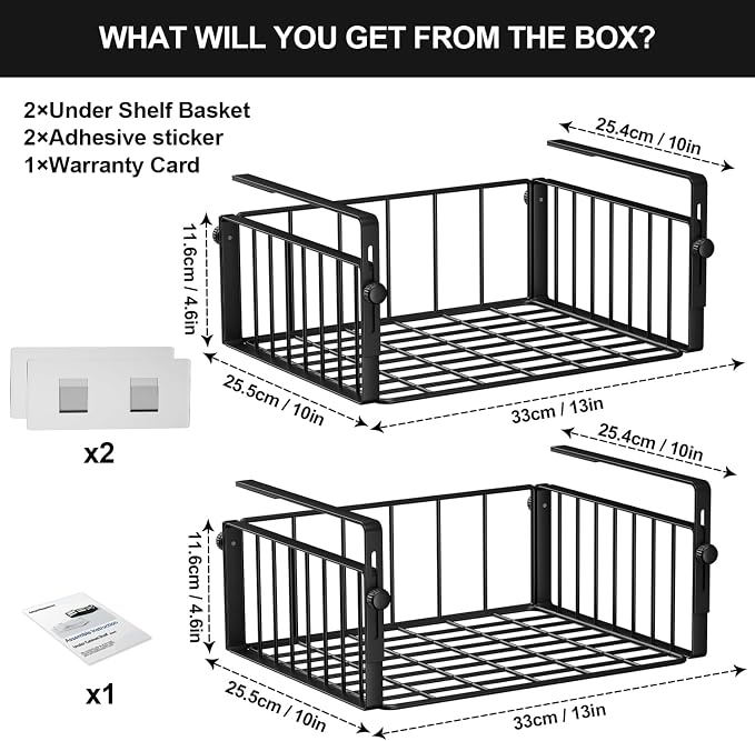 AmonHouseware 2Pack Under Shelf Storage Basket Organizer, Black | Adjustable Hanging,Under Cabinet Add-on, Slide-in Baskets, for Laundry Room Kitchen Pantry Desk Bookshelf Counter Cupboard