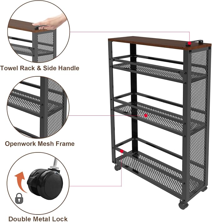 2026 New, Slim Kitchen Storage Cart, 3-Tier Metal Rolling Utility Cart Mesh Basket, Multifunction Wire Basket Shelf Trolley for Home Laundry, Bathroom, Living Room, Black