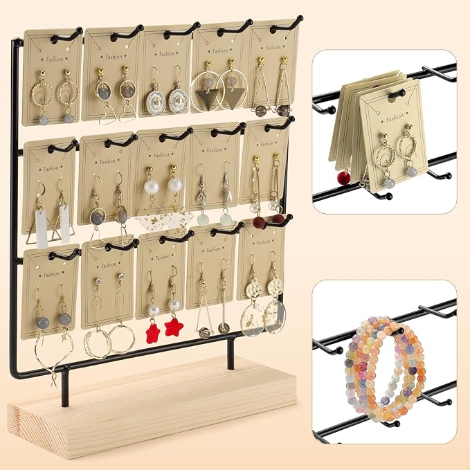 Earring Display Stands for Selling, 3 Tier 15 Hooks Wood Jewelry Organizer Rack for Earrings, Necklaces, Rings, Bracelets, Keychains - Compact for Countertop, Boutique, Trade Shows (Black)