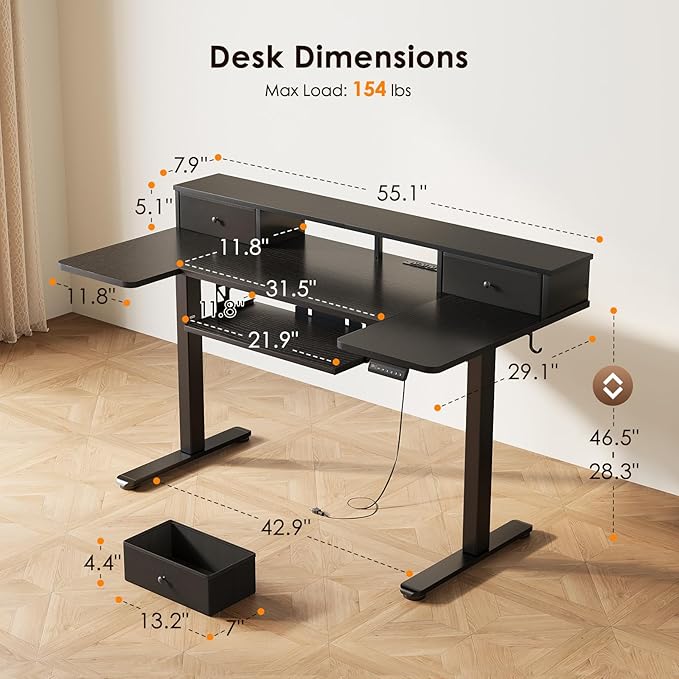 OffiGo 55 Inch U Shape Standing Desk with Keyboard Tray & Drawers, Black | 3 Outlets & 2 USB Ports, Dual-Monitor Stand, 10 Colors & 10 LED Modes, 3 Presets, 28.3"-46.5"in Range, 154 lb Capacity
