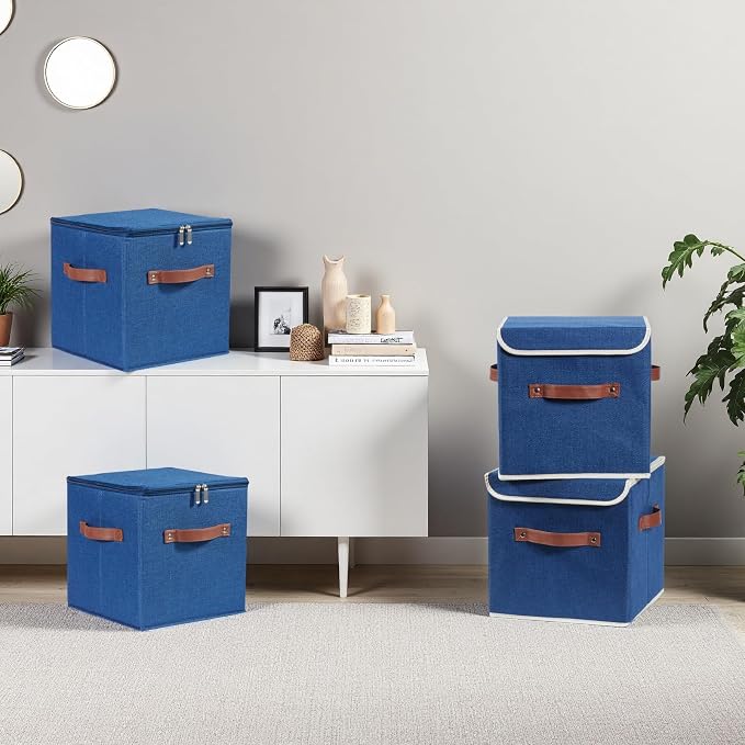 2PCS Storage Cubes with Lid Fabric Storage Bin Box PU Leather Handles Cotton Linen Closet Organizer Container Decorative Foldable Washable Shelf Cloth Basket (Zipper Lid, Deep Blue, 11in)