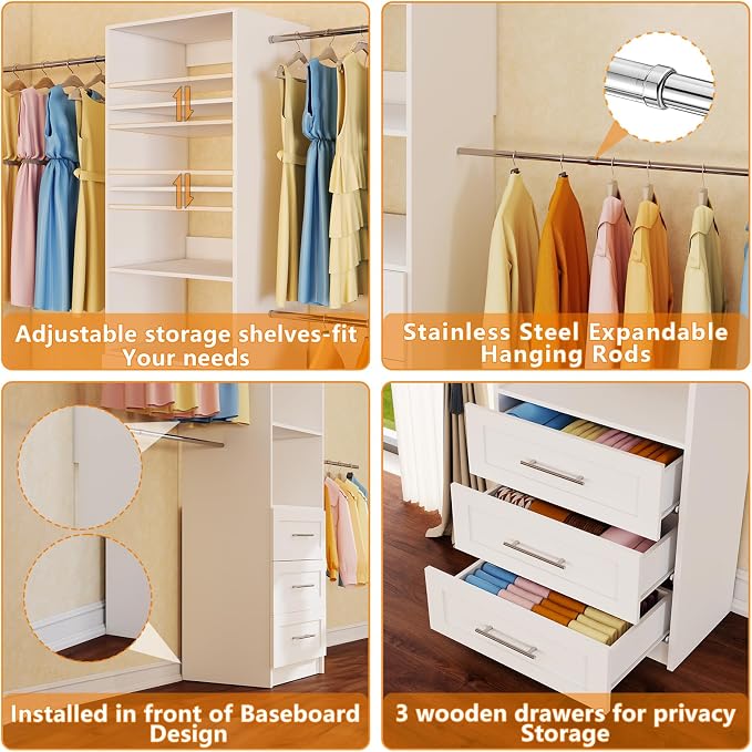 Closet System with 6 Drawers, 5FT-15FT Custom Closet Organizer System Modular Walk in Closet Storage Wooden System with 8 Expandable Hanging Rods Adjustable Shelves 2 Sets White