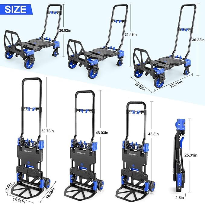 330LB Folding Hand Truck Heavy Duty Carrying, Combination of Four Wheels and Two Wheels Convertible Dolly Cart with Retractable Handle Dolly for Moving Office Carts(Blue)