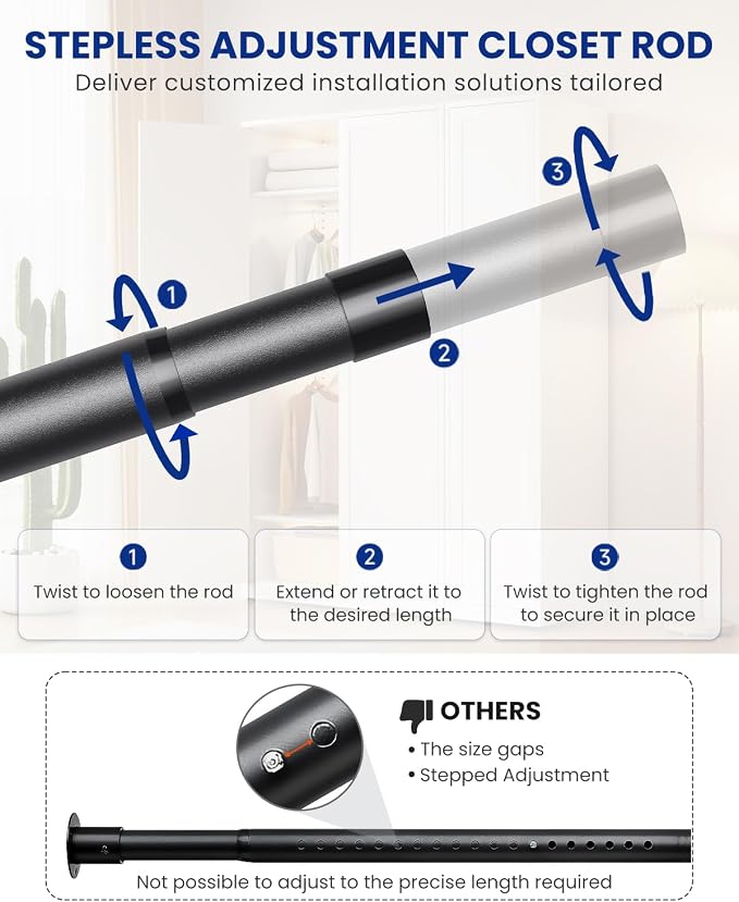 Supforce Adjustable Closet Rod with Triangular Brackets, 17-39in, Black | 1.3in Metal Closet Rod Supports Up To 150 lb, Heavy Duty Rod Reduces Sagging and Mount Securely for Wardrobes Closet Laundry