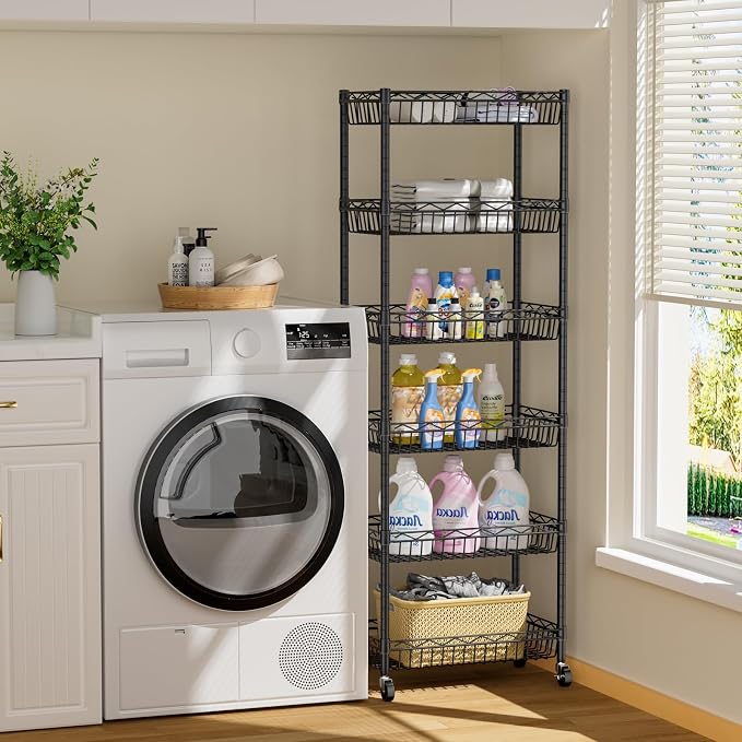 Golpart Basket Shelves Closet Rack with Wheels Metal Pantry Wire Shelf Unit | 6 tier Storage Rolling Shelving Bathroom Organizers Kitchen Garage Laundry Room Organization Home 17.2"Dx12.2"Wx63"H Black