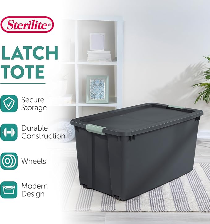 Sterilite 8-Pack Latch Tote, Stackable Plastic Storage Bin Containers, 45 Gal, Gray/Green - Large Organizer Boxes with Lids and Wheels for Closet, Bedroom, Tool, and Laundry Organization