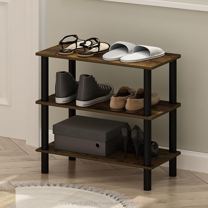 Furinno Turn-N-Tube 3-Tier Toolless Narrow Shoe Rack, Amber Pine | 11.7 x 23.6 x 21.9, Small Shoes Organizer, Shoe Rack Storage with Freestanding Organizer, for Closet Entryway, Office, Garage