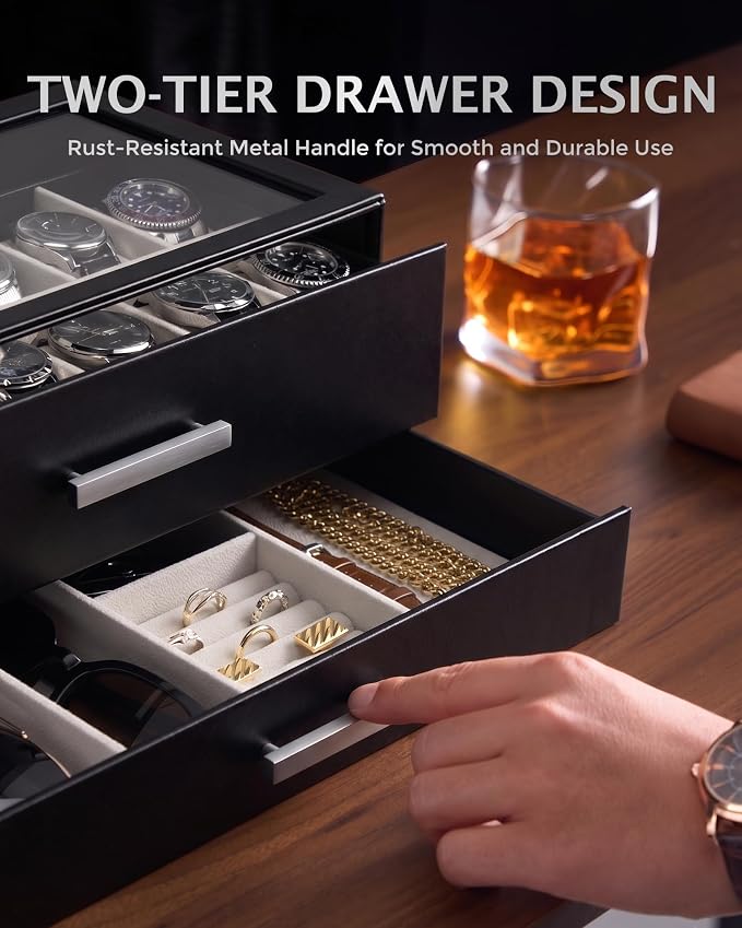 ProCase 14-Slot Watch Case for Men, 2-Tier Pull-Out Drawers Box -Black | Fathers Day Gift for Dad Men with Display Clear Top Lid, Jewelry Sunglasses Storage Organizer, Anniversary Birthday Gifts