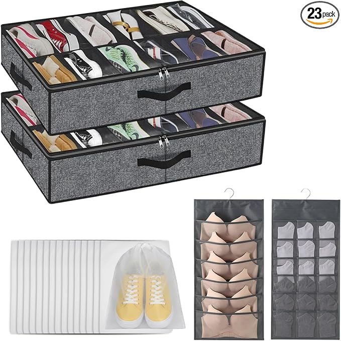 2 pc Sturdy Under Bed Shoe Storage Organizer, Underbed Shoes Closet Storage Solution with Clear Window, Breathable, With 1 Sock Bag and 20 Disposable Shoe Bags Fit 12 to 24 Pairs, Linen-like Black