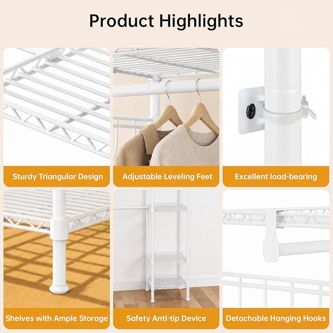 Kryonix 900lbs Expandable Garment Rack - White | Adjustable 70"-88.2" wide with 5 rods & 6 shelves. 900lbs cap. Freestanding metal closet organizer for bedroom laundry.