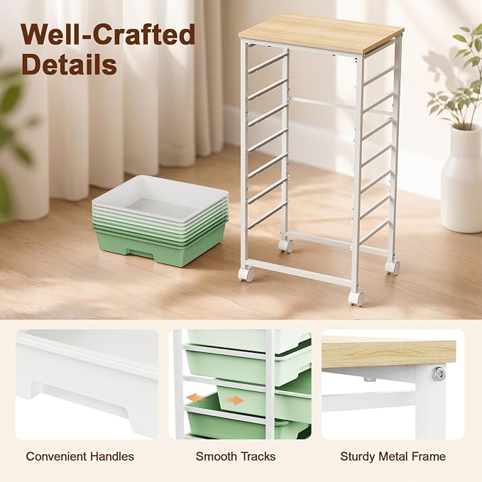 LEHOM Rolling Storage Cart with 8 Drawers, Utility Cart on Wheels with Metal Frame and Wooden Tabletop for Living Room Bedroom Dorm, Office Storage & Art Supply Craft Organizer for Classroom, Green