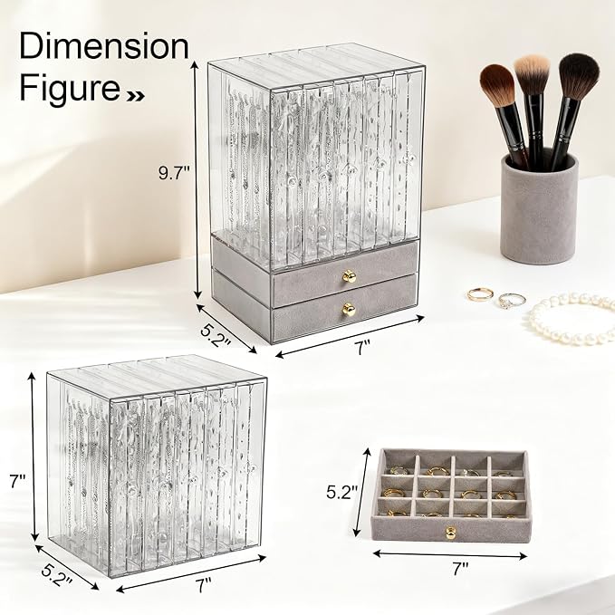 Greenfeather Jewelry Organizers and Storage, Clear Acrylic Jewelry Box with 40 Necklace Hooks 120 Pairs of Earring Holes 2 Velvet-Lined Drawers for Rings Necklaces Earrings