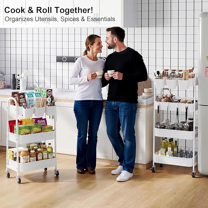 White 4 Tier Rolling Cart Metal with Wheels, Heavy Duty Utility Storage Organizer Carts on Wheels, Four Tiered Roller Cart for Kitchen, Book, Snack, Craft, Art, Dorm, Large Capacity Basket, 38in Tall