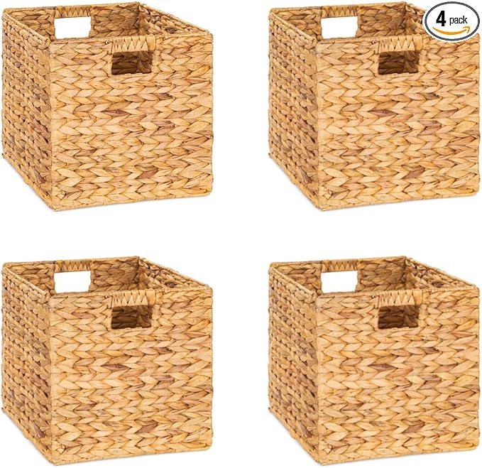 M4DECOR 10.5 x 10.5 Storage Cubes – Water Hyacinth Wicker Baskets for Organizing, Wicker Storage Cubes, Storage Baskets for Shelves (4 Packs 10.5in)