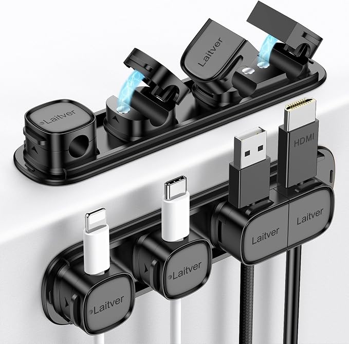 6 Pack Magnetic Cable Clips [1s Open/Lock], Laitver Cord Organizer Holder Strong Adhesive Desk Cable Management- Organize Charging Cords Neatly for Home, Office, Car,Desk, Nightstand-Black | Strong Adhesive Desk Cable Management- Organize Charging Cord...