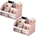 COMFYROOM Desk Organizer with 6 Compartments and 2 Drawers, Plastic Makeup Organizer, Pen Holder for Desktop Storage, Desk Organization for School, Home, Office Supplies Pink-2Pack