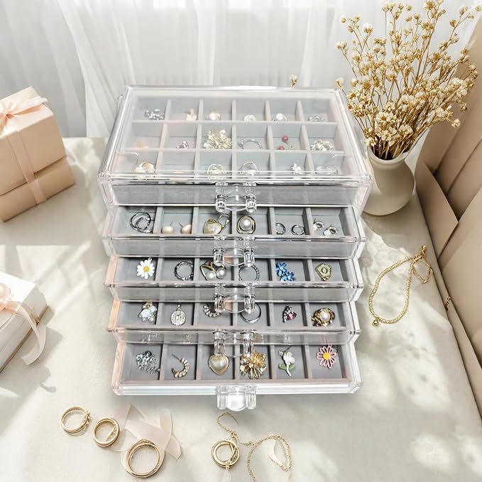 Acrylic Earring Holder Organizer with 5 Drawers Clear Earring Organizer Box with 90 Adjustable Grids Velvet Earring Display Case Jewelry Organizer for Earrings Rings Studs (Grey)