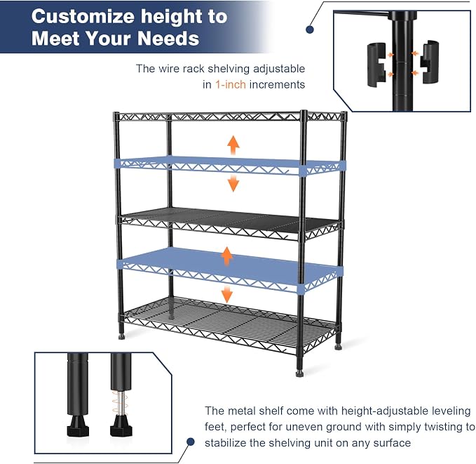 3 Tier Metal Wire Shelf Rack,35.4x17.7 x36.5(WxDxH), Heavy Duty Standing Storage Shelves with Lockable Wheels,Adjustable Wire Shelving Unit for Garage,Kitchen,Ofice,Pantry,Laundry,Black