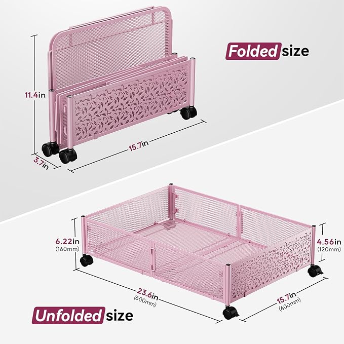 PHINOX Under the Bed Storage Containers with Wheels, Under Bed Storage, Under Bed Shoe Storage Organizer Drawer, Tool-free Assembly Metal Underbed Storage Containers -Pink