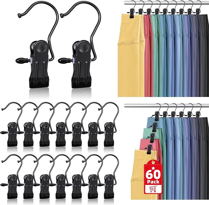 60 Pack Boot Hangers Clips for Closet, Laundry Hooks Hanging Clips Pants Hangers with Clips Legging Organizer Clothes Pins Hanger Clips for Closet Organizer Towel Socks Hats Jeans Home Travel Black