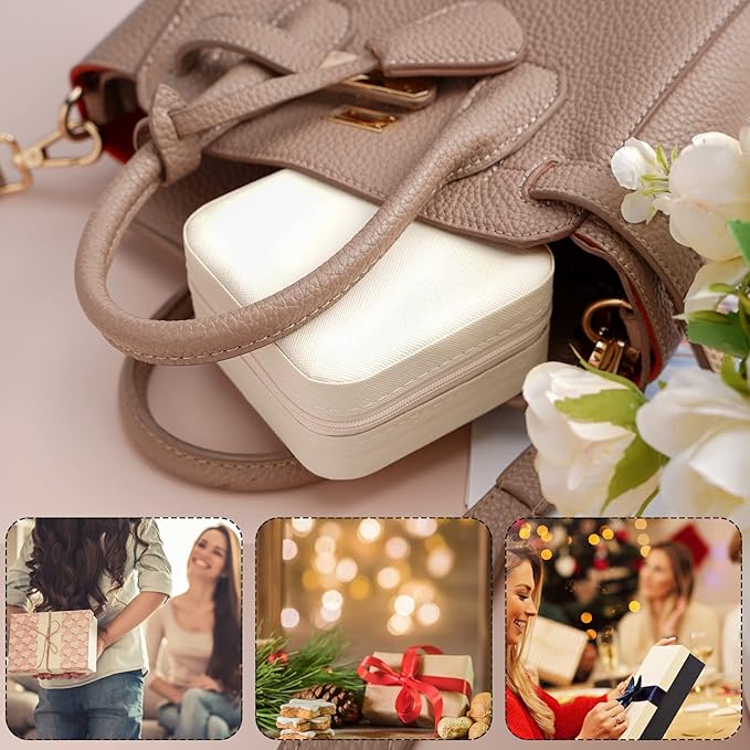 Neveika Portable Travel Mini Jewelry Box Leather Jewellery Ring Organizer Case Storage Gift Box Girls Women (white).