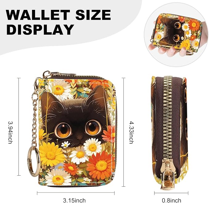Credit Card Holder for Women,Small Rfid Wallet with Keychain Zipper,Cute PU Leather Card Case Wallet，Accordion Credit Card Wallets Gift,Flowers and Cats C