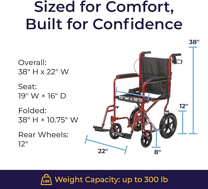 Drive Medical Lightweight Expedition Folding Transport Wheelchair - Ultra Lightweight Mobility Support for Seniors & Adults - Strong Aluminum Frame - Hand Brakes - Compact Folding Travel Chair - Red