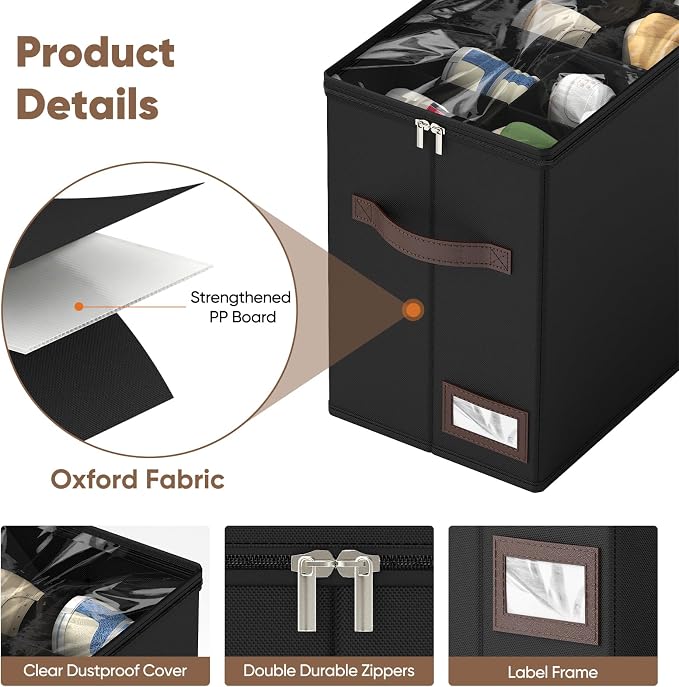 OIAHOMY 4 Pack Shoe Organizer for Closet, Foldable Shoe Storage Bins with Adjustable Dividers, Stackable Oxford Cloth Sneaker Boxes for Entryway Bedroom, Fits Up to 32 Pairs, Black