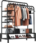 Clothes Rack with Shelves, Double Rods Clothing Rack for Bedroom, Black | Metal Garment Rack for Hanging Clothes, 2 Bottom Shelves & 4 Side Shelves, 220 LBS Clothes Racks for Laundry Room, Dorm Room