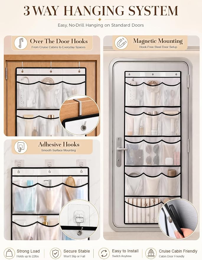 Magnetic Cruise Cabin Over The Door Shoe Organizer, 14-Pocket Mesh Bag | 14 size-graded mesh pockets; 3-way hanging with 3 magnets or 6 hooks; 2 bags for cabins, closets, bathrooms, RVs.