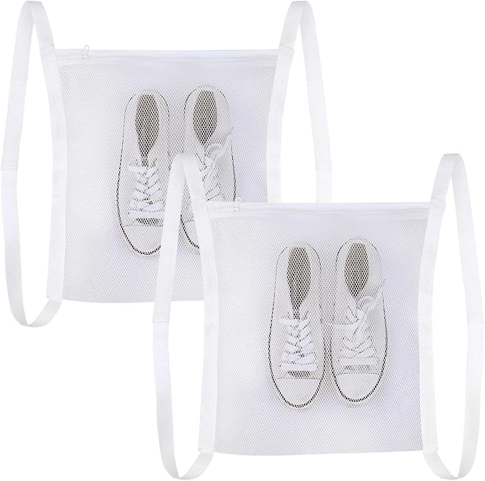 2 Pack Sneaker Dryer Bags for Shoes with Adjustable Straps, Mesh Shoe Laundry Bags for Dryer, Reusable Shoe Drying Holder Protects Dryer & Reduces Noise, 15.5 Inch x 15.5 Inch