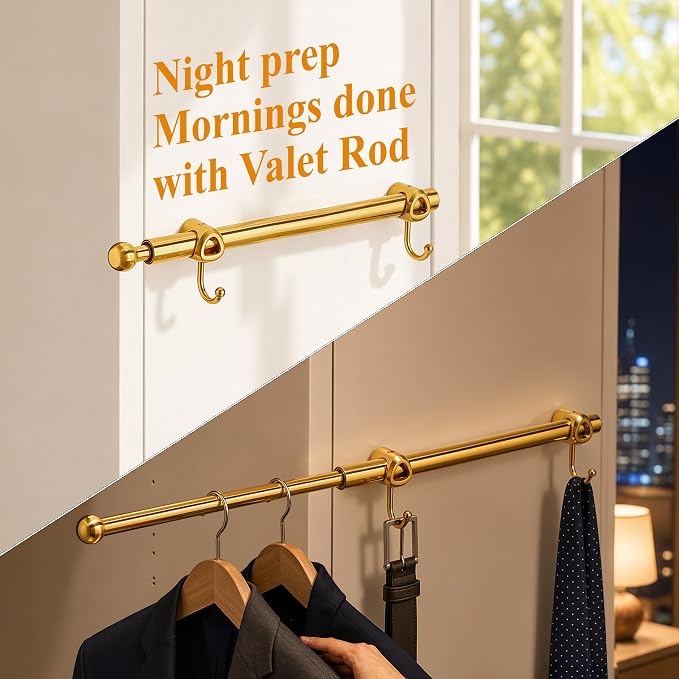 14" Valet Rod for Closets Pull Out, Closet Valet Rod Slide Out with 2 Hooks, Brushed Gold