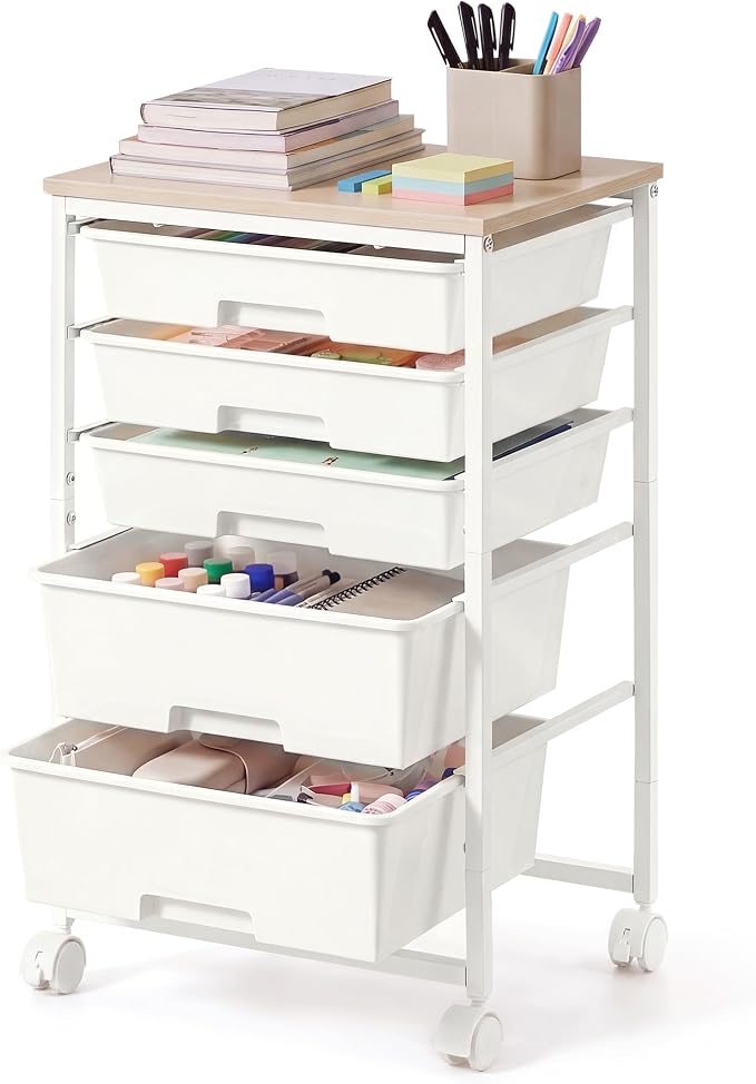 VASAGLE 5-Drawer Rolling Storage Cart, Mobile Organizer Trolley with Wood Top and Metal Frame, for Craft Room, Office, 15.6 x 11.2 x 24.8 inch, White, Benco Collection ULRC005W101