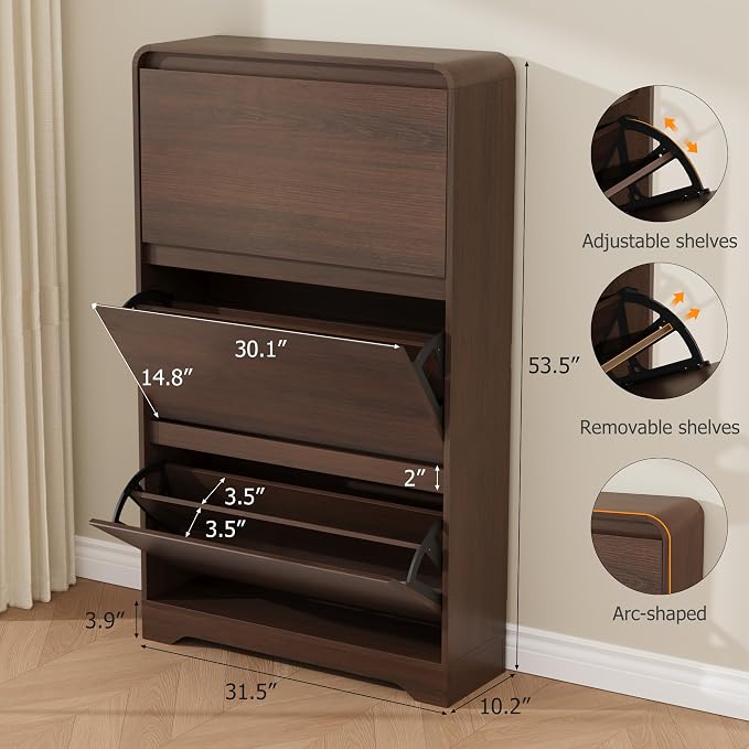 Garvee Hidden Shoe Cabinet, Brown | 3 Flip Drawers, Freestanding, For Entryway, Hallway, Foyer, Modern Design, Small Space
